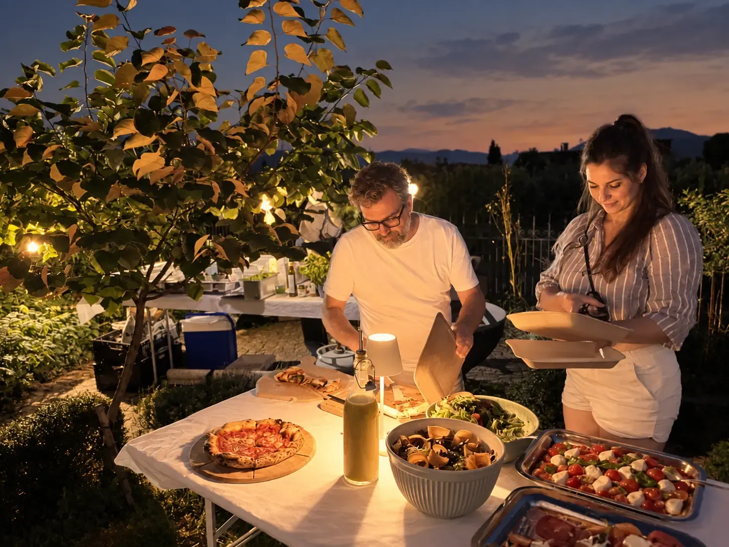 Gäste beim Pizza Catering am Abend