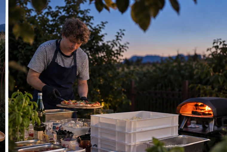 Pizza wird beim Catering frisch von Hand vorbereitet