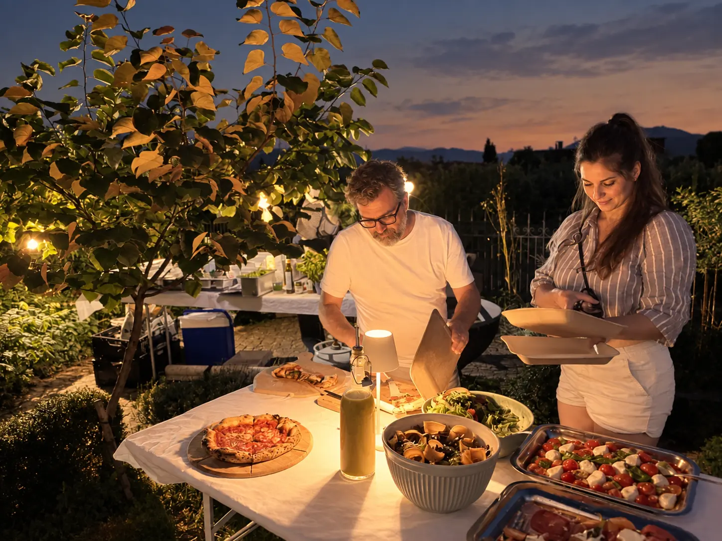 Gäste beim Pizza Catering am Abend