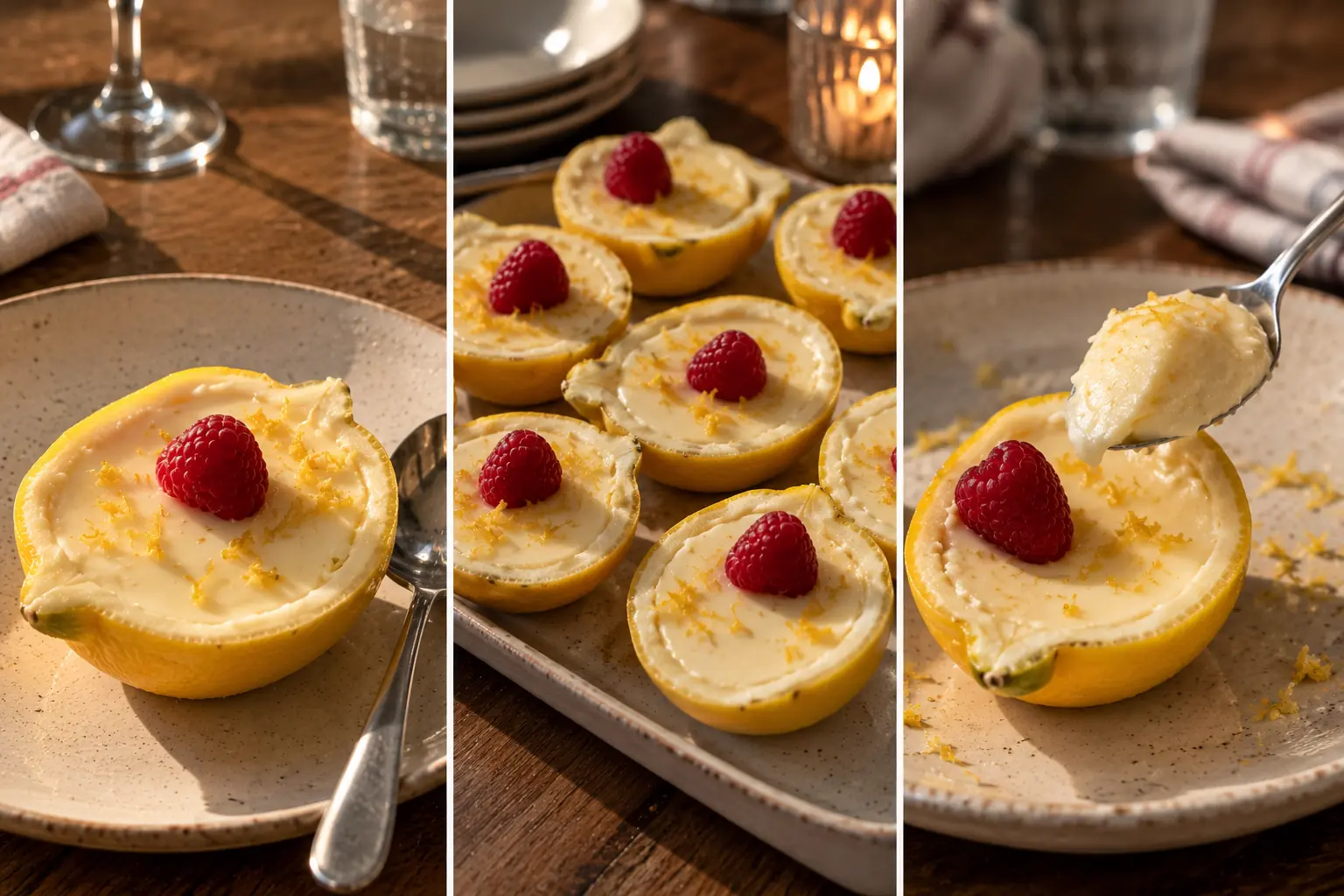 Lemon Posset in Zitronenhälften mit Himbeeren – als Dreier-Collage