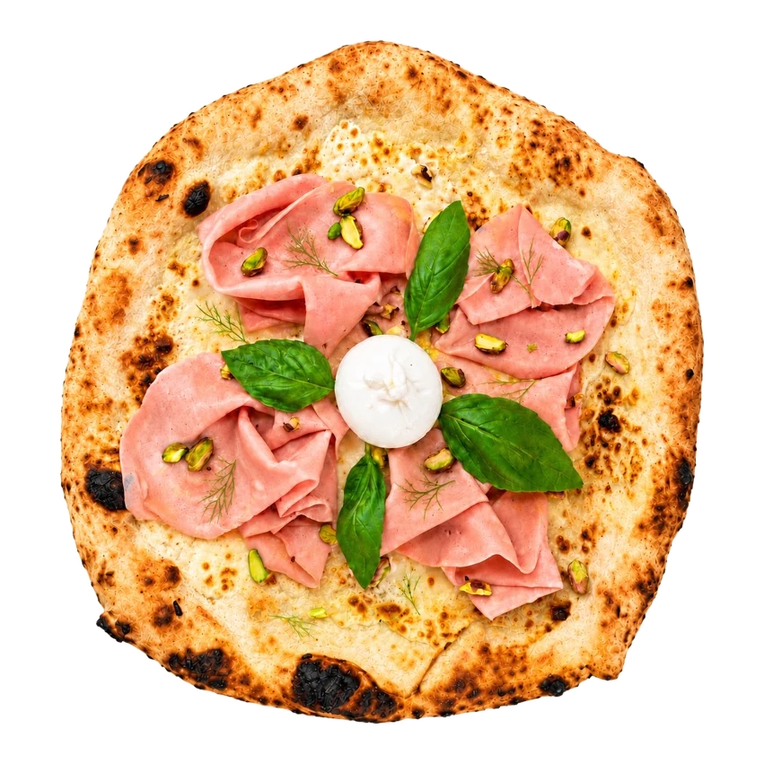 Pizza Mortadella mit Burrata und Pistazien