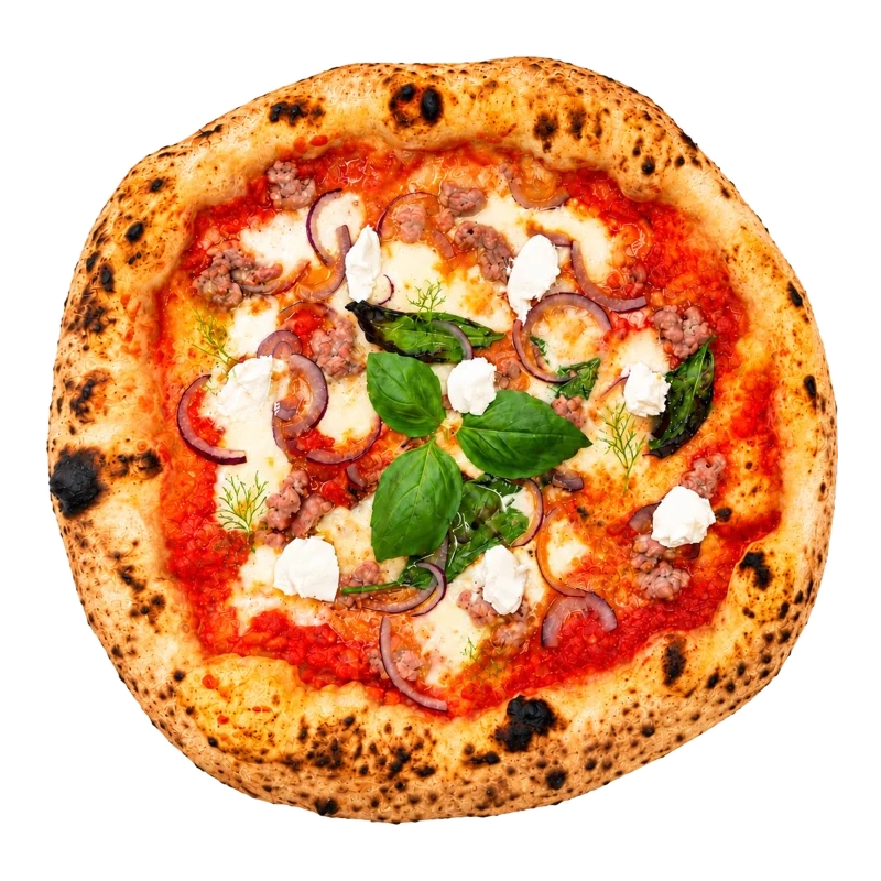 Pizza Salsiccia mit roten Zwiebeln und Ricotta