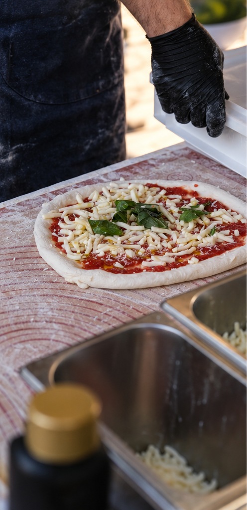Rohe Pizza wird frisch belegt und für den Ofen vorbereitet