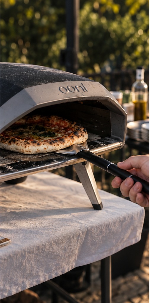 Pizza wird frisch aus dem Ofen geholt
